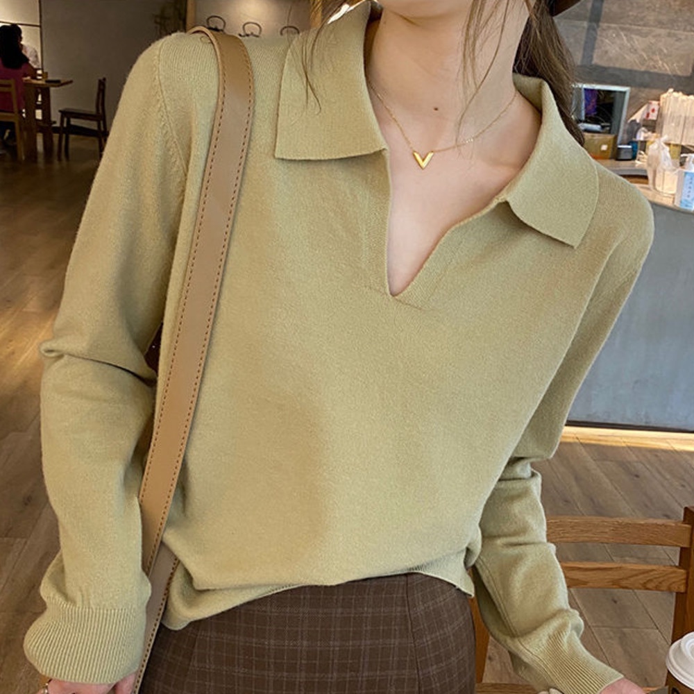 Áo Sweater Dệt Kim Mỏng Tay Dài Cổ polo Màu Sắc Đơn Giản Thời Trang Thu Đông Cho Nữ
