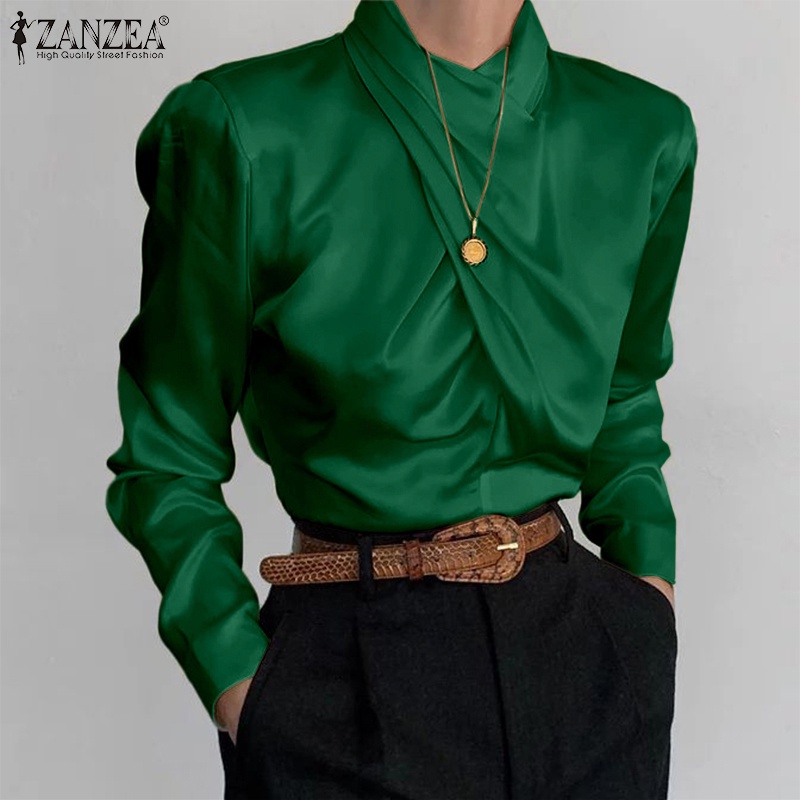 Áo kiểu nữ ZANZEA dài tay cổ đứng thắt nút đơn giản thời trang châu Âu