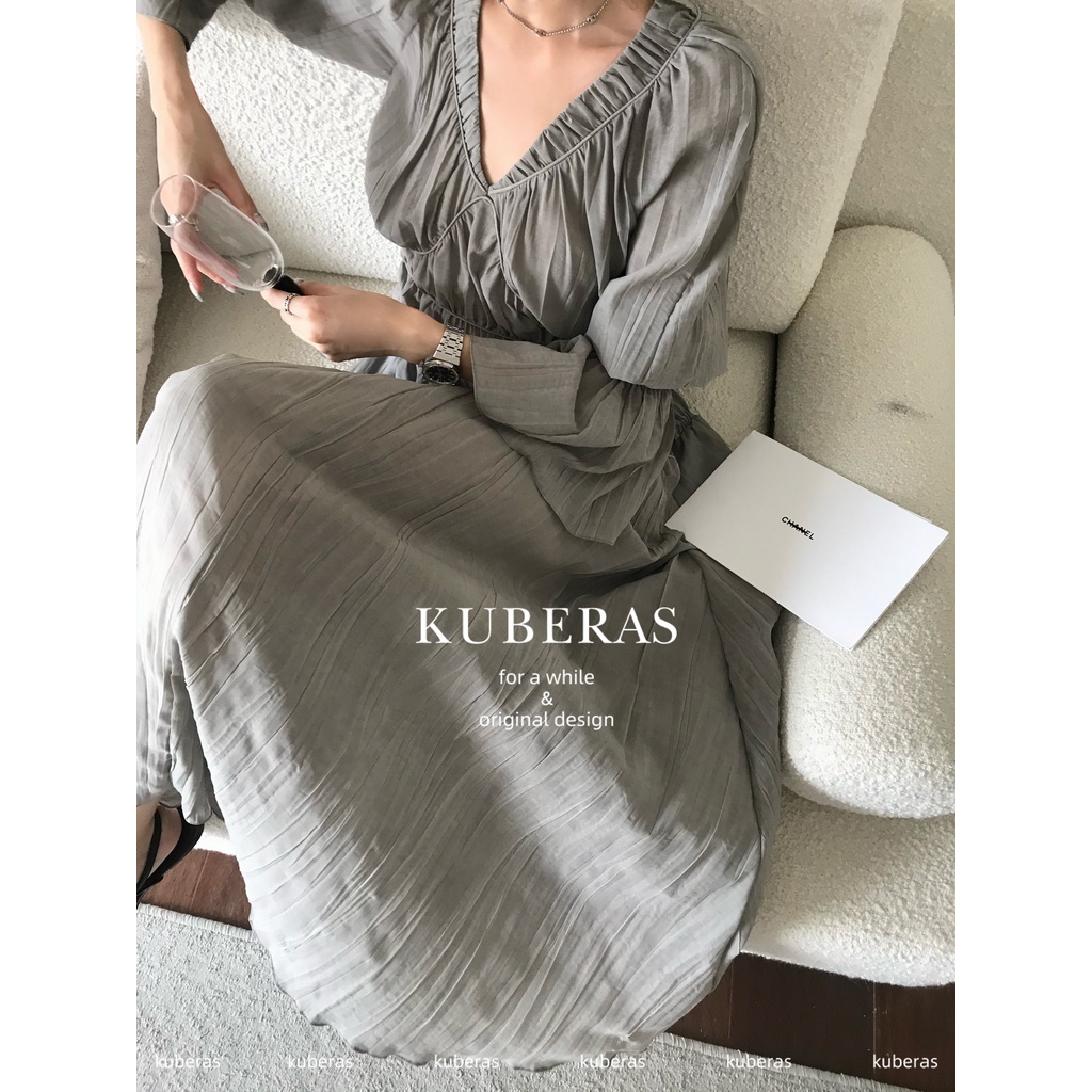 Đầm midi cổ chữ V xếp ly phong cách Pháp thanh lịch cho nữ