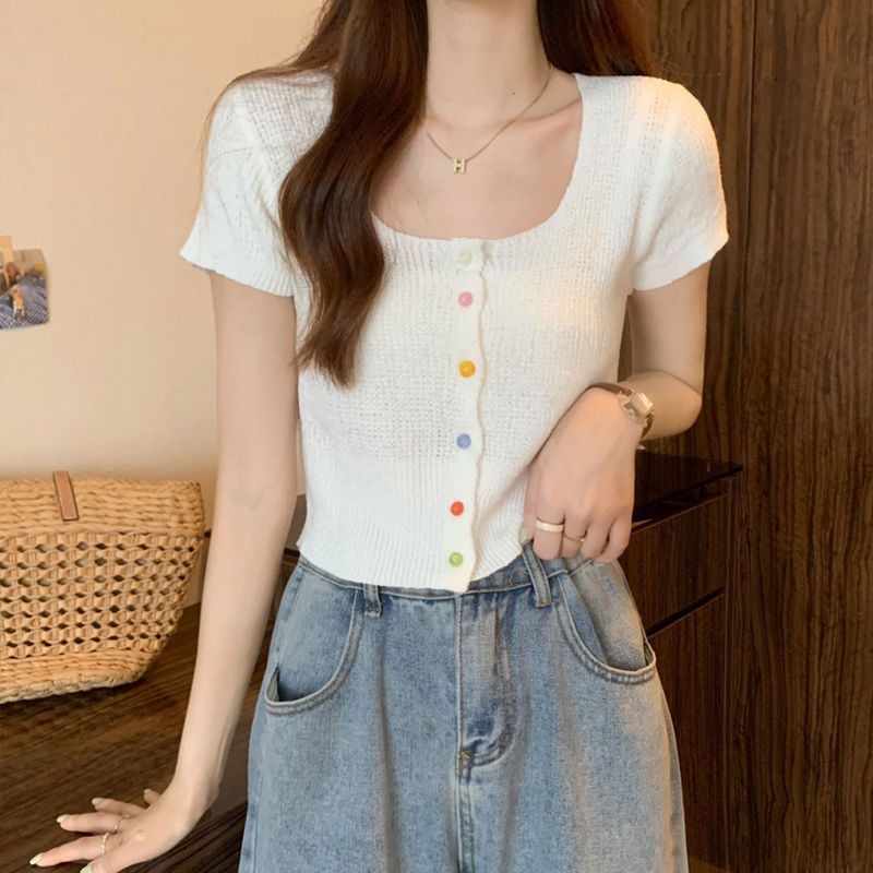 Áo Dệt Kim Tay Ngắn Dáng Ôm Thời Trang Mùa Hè Xinh Xắn Cho Nữ