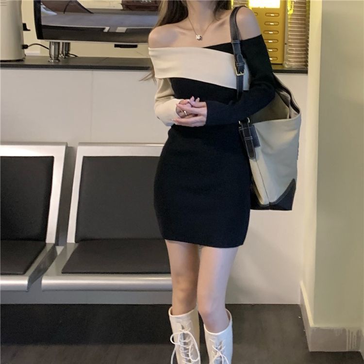 Đầm Trễ Vai Tay Dài Màu Sắc Tương Phản Phong Cách Hàn Quốc Thời Trang Mùa Thu Cho Nữ