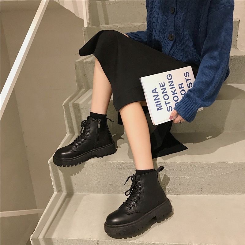 Giày Boot Nữ Ulzzang Mũi Tròn Đế Bằng Chất Da Mềm, Êm Chân