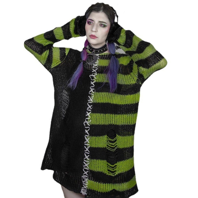 Áo Sweater Dệt Kim Cổ Tròn Dáng Rộng Phối Màu Rách Cá Tính Cho Nữ