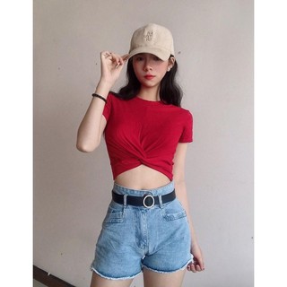 Áo thun croptop ôm body trơn basic xoắn ngực 50