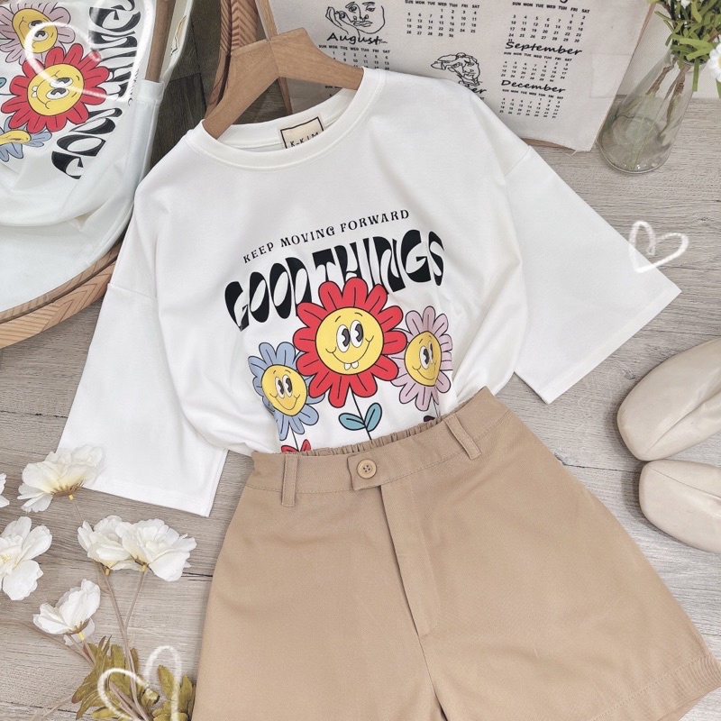 [Sẵn] Set áo thun trắng in hình form rộng + quần short nude cá tính