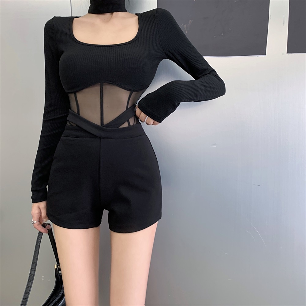 QKOOLE Áo dệt kim  tay dài màu trơn phối lưới phong cách Hàn Quốc quyến rũ cho nữ