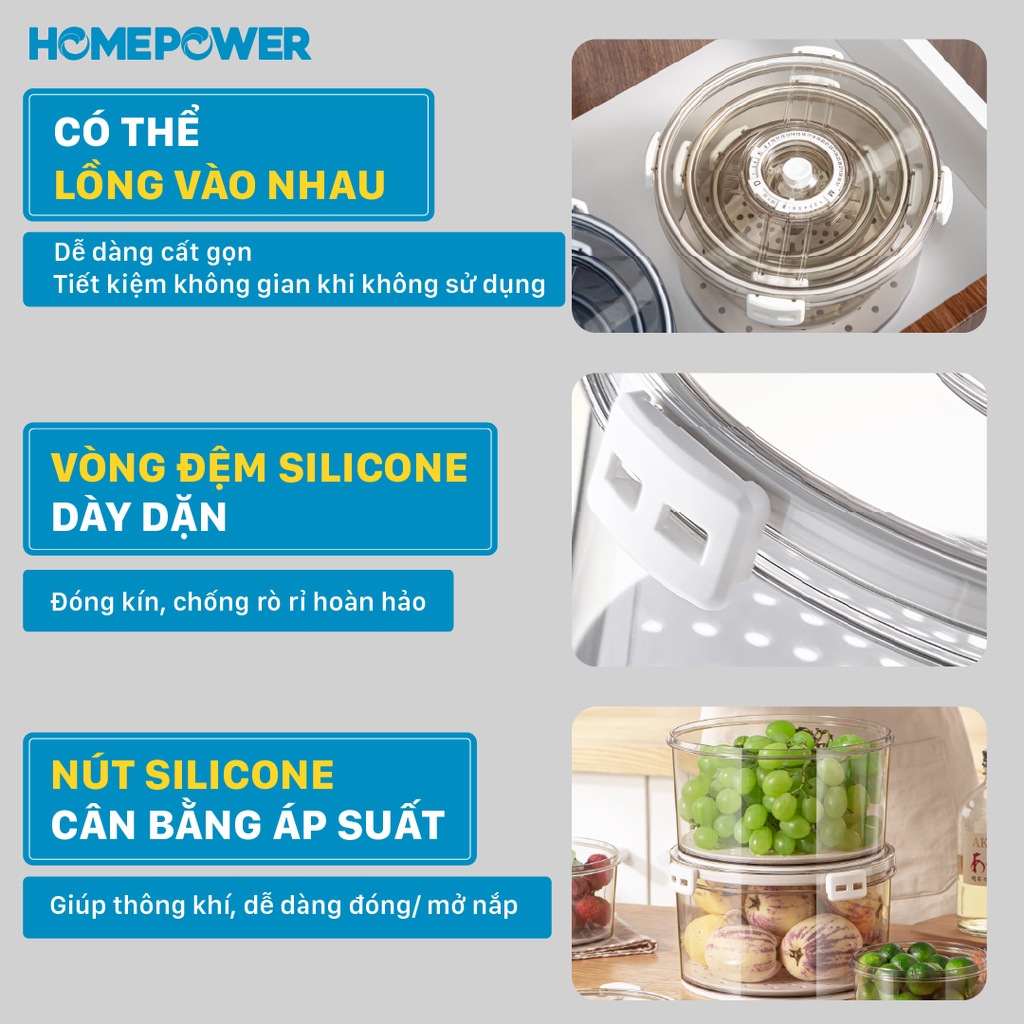 Hộp đựng thực phẩm tách nước Homepower hình tròn - Có khay lót dưới đáy, chất liệu cao cấp an toàn cho sức khỏe
