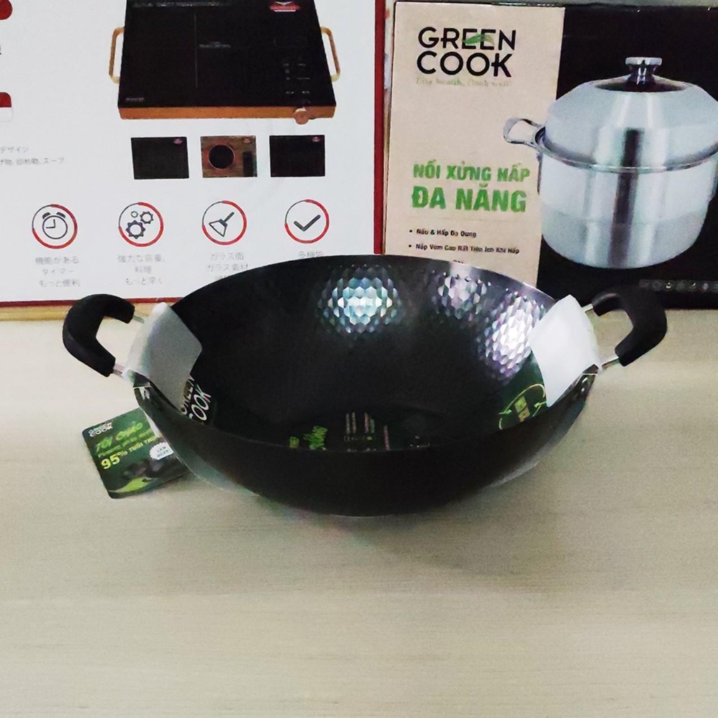 Chảo xào thép sâu lòng vân kim cương Greencook GCW02 size 32/34cm dùng mọi loại bếp, chống dính tự nhiên