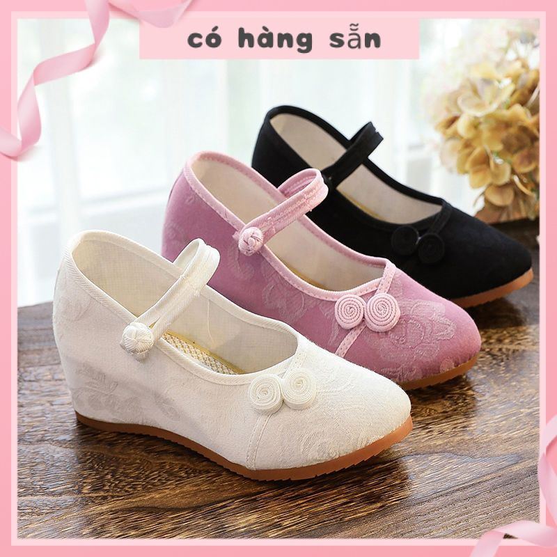 Giày Vải Cotton Cao Gót Đế Xuồng Cài Khóa Thêu Họa Tiết Kiểu Hán Phục Trung Hoa Dễ Thương Cho Nữ