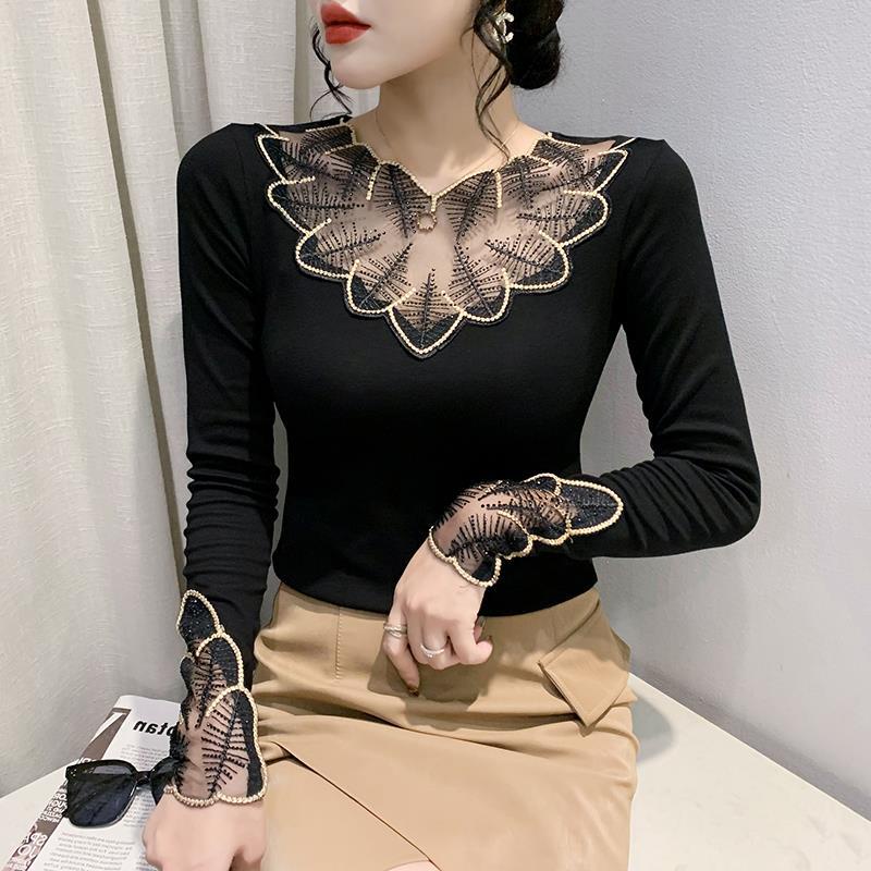 Áo Thun Lưới Tay Dài Thêu Họa Tiết Thời Trang Thu Đông Cho Nữ