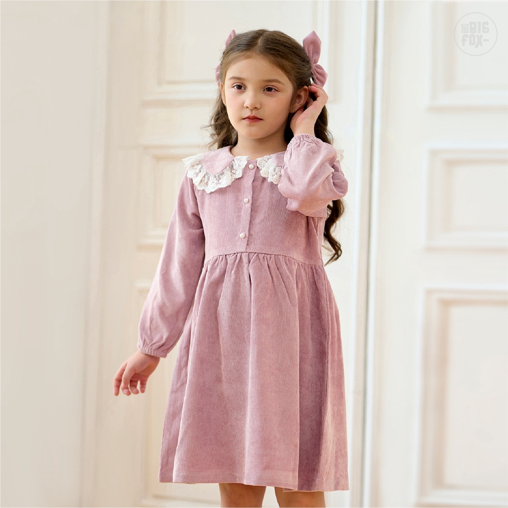 Váy thu đông cho bé gái Bigfox Miss Meow vải nhung tăm cổ phối ren xinh đẹp size đại cho trẻ em gái 3-11 tuổi