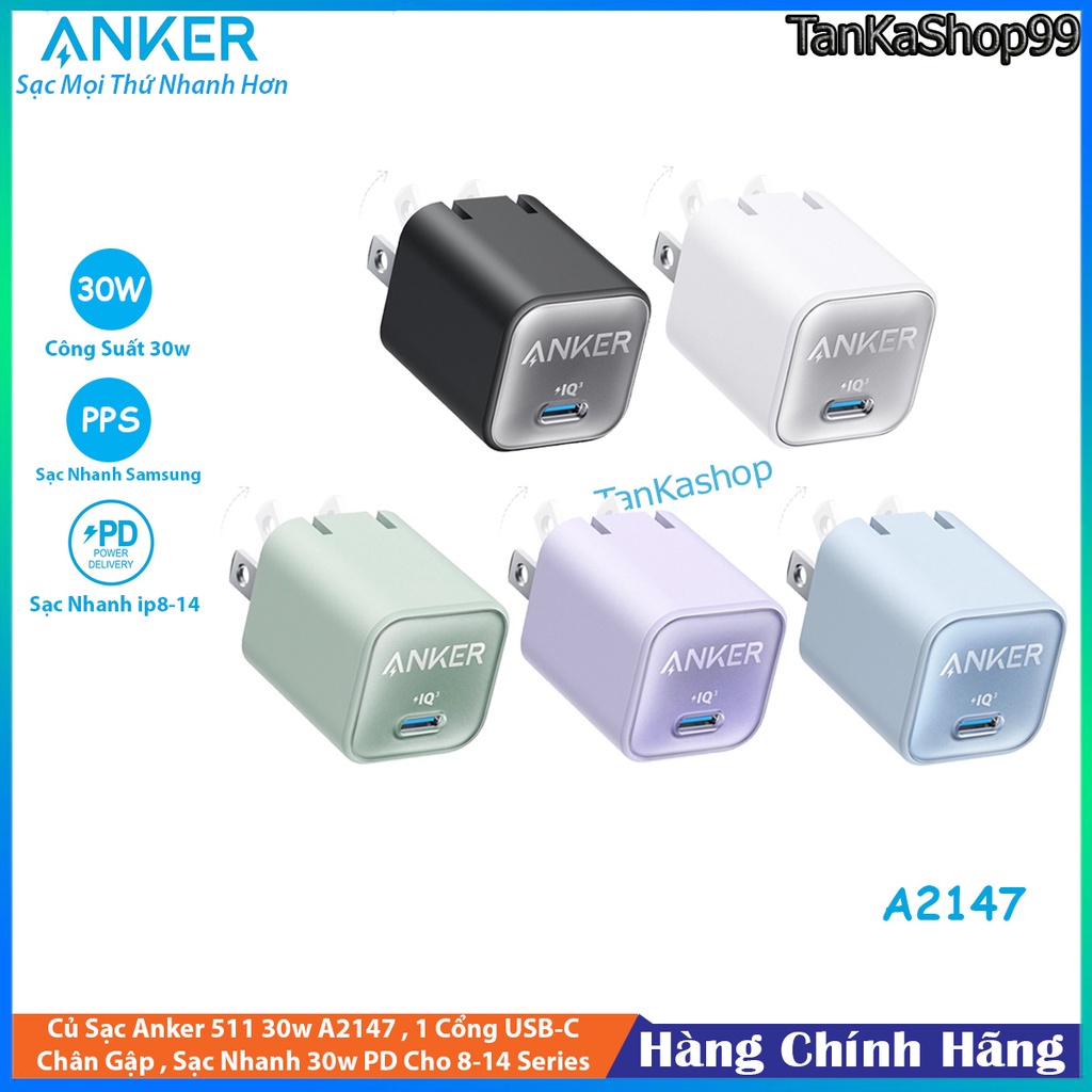 Củ Sạc Anker 511 30w Nano 3 A2147, 1 Cổng USB-C Sạc Nhanh PD 30w Cho lP8 - lP14