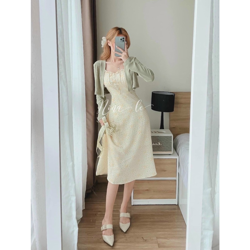 [11.11 Sale Freeship] Set bộ hai món váy đầm nữ hai dây hở vai dáng xò,kèm áo khoác dài tay đi chơi dạo phố xinh xắn dx