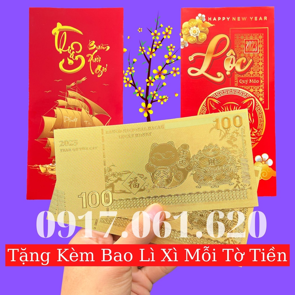 Tờ Tiền Hình Con Mèo Mạ Vàng Tài Lộc Phong Thủy May Mắn, Chất Liệu Nhựa Plastic - Tặng Kèm Bao Lì Xì 2023