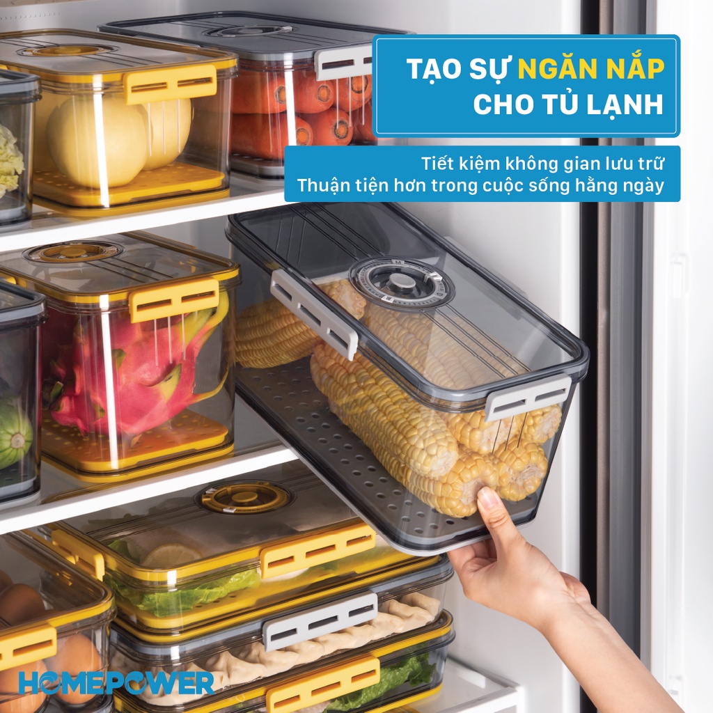 Hộp Đựng Thực Phẩm Tách Nước Hình Chữ Nhật Homepower HCN-VX - Vòng Ghi Chú Thời Gian Bảo Quản Tiện Lợi