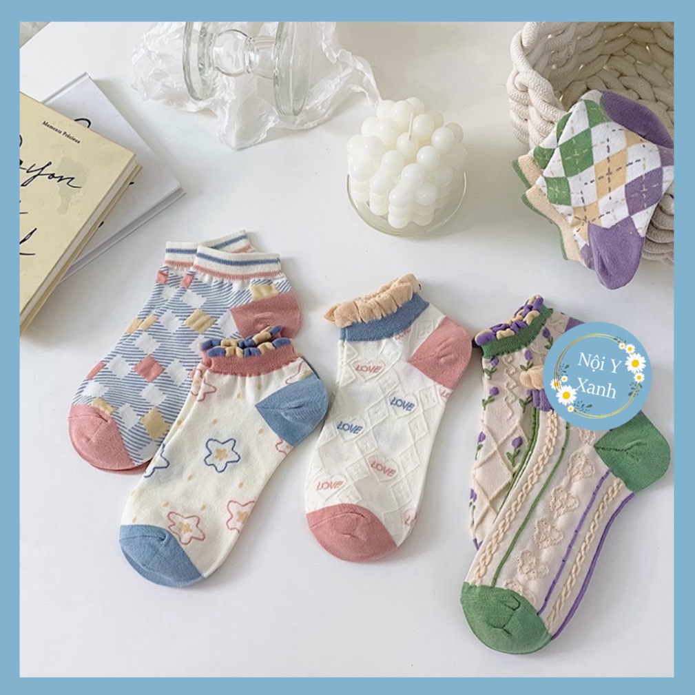 Tất vớ nữ thổ cẩm cổ bèo vật liệu vải Hàn giãn nở bốn chiều,họa tiết kute phong thái hiện đại nội y xanh, chất ấm, thoán
