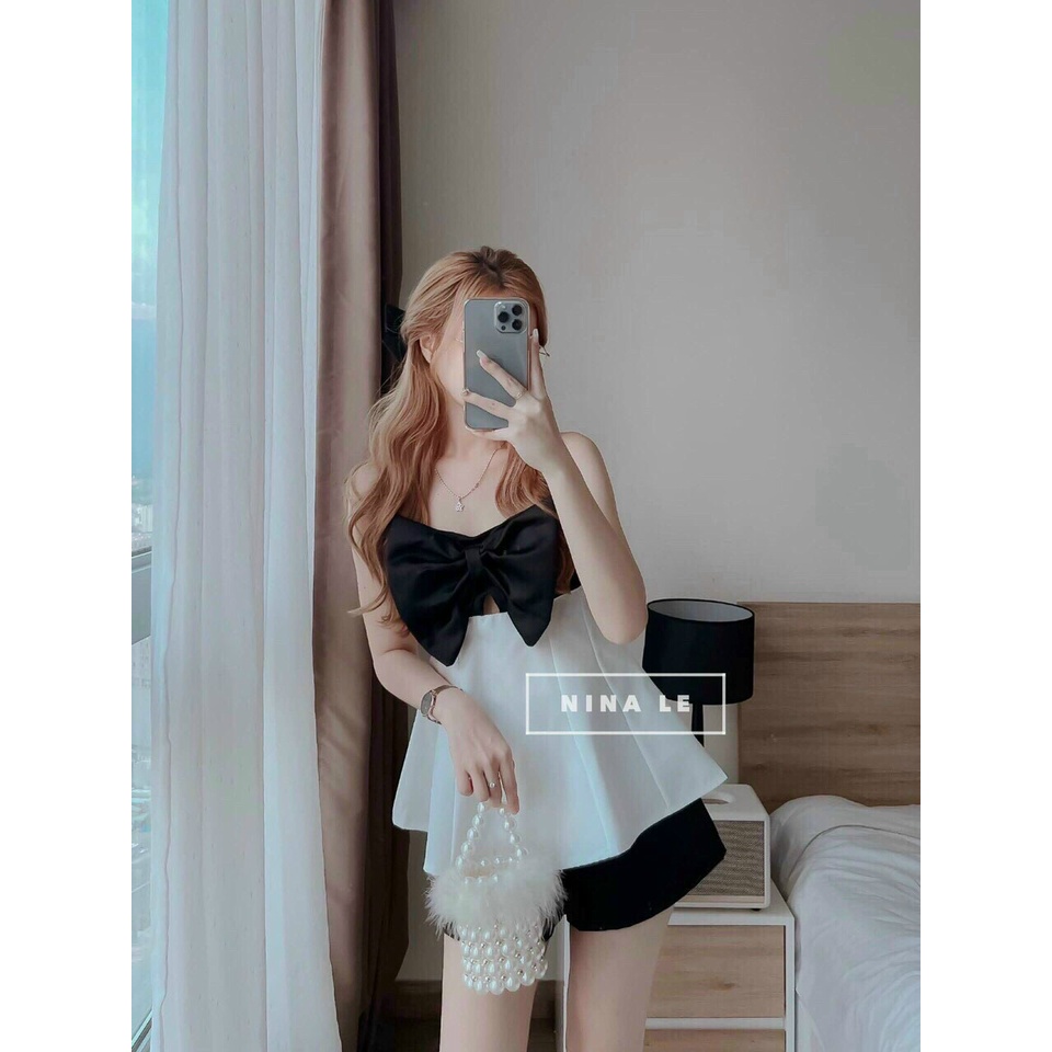 [11.11 Sale Freeship] Set bộ đồ nữ,set áo trắng 2 dây kèm nơ đen ở ngực ôm xoè kiểu babydol phối quần đùi chất umi mtb