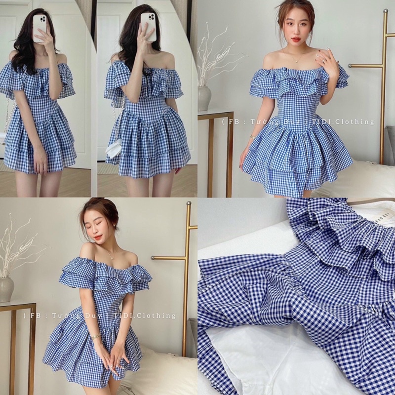 Đầm bẹt vai caro xanh 2 tầng xoè bồng tiểu thư hàng LOẠI 1 kèm mod khoá sau