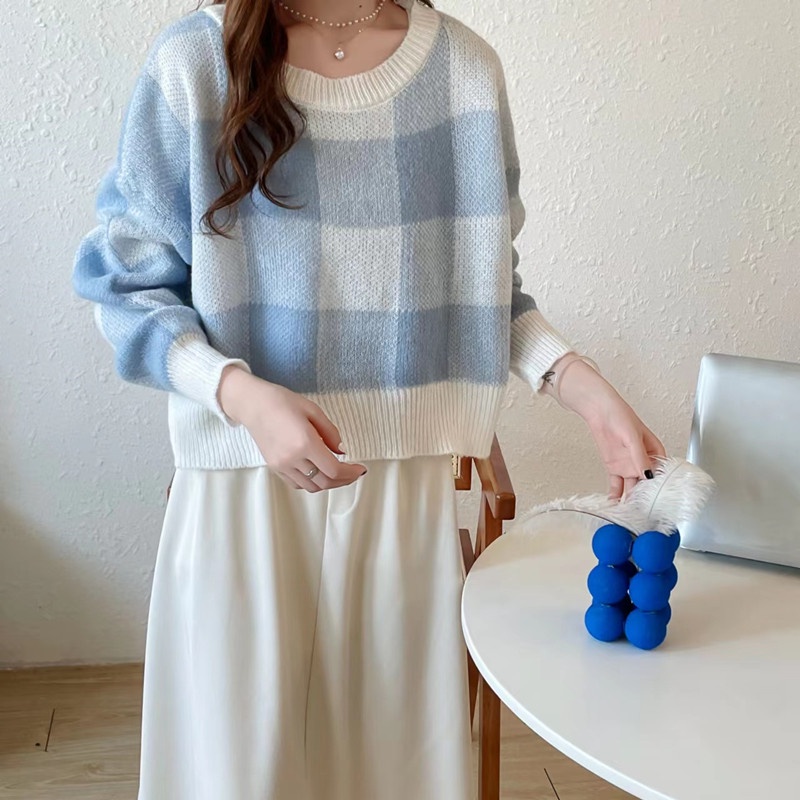 Áo dệt kim SUXI tay dài cổ tròn màu tương phản thời trang mùa thu dành cho nữ