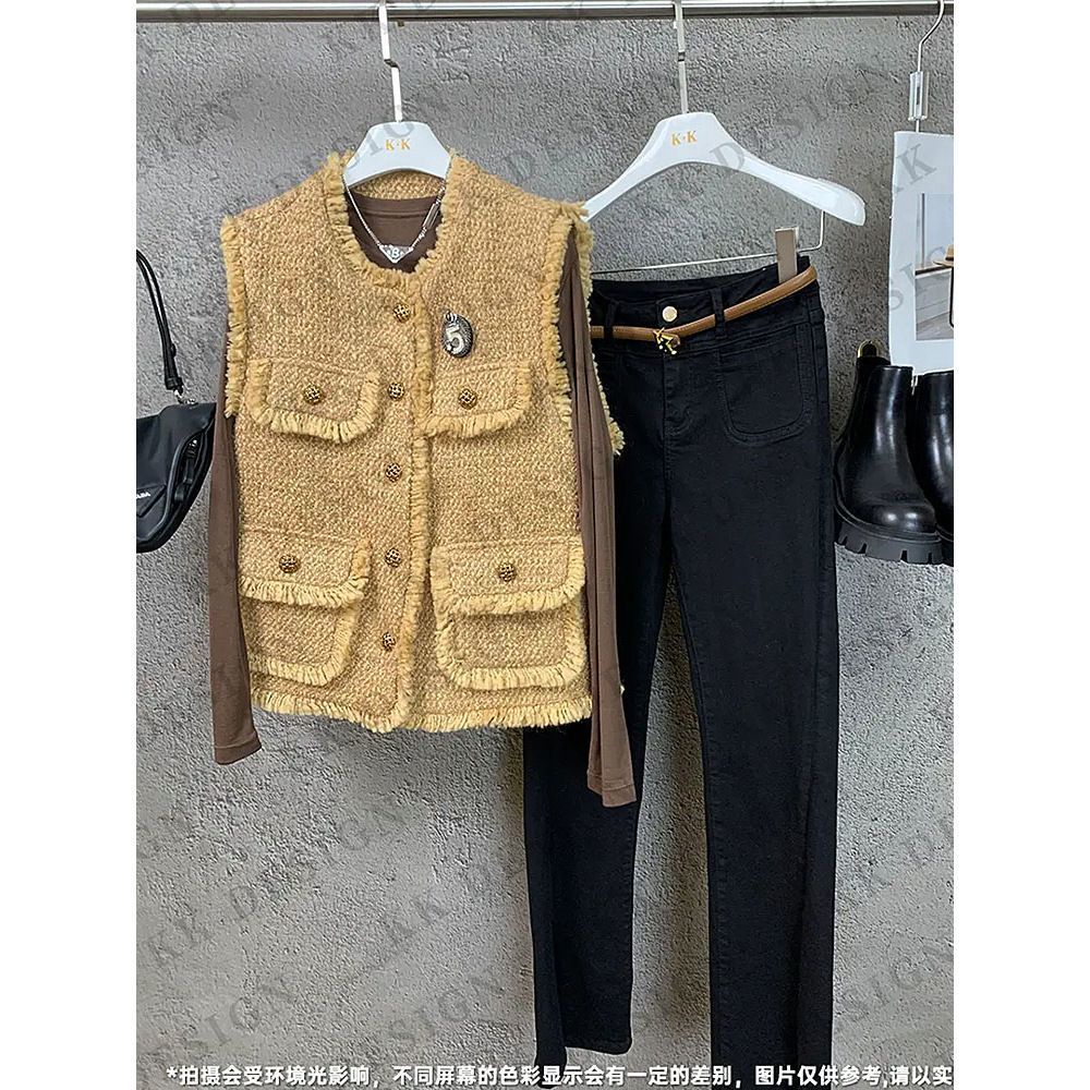 Hot | Người nổi tiếng dệt vest tweed vest jacket pocket top tua vest với thắt lưng