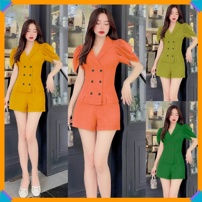 Bộ nữ ngắn 🌸FREESHIP🌸 Set nguyên bộ quần short áo cổ vest tay phối nút tay bông hồng xinh xắn J1201
