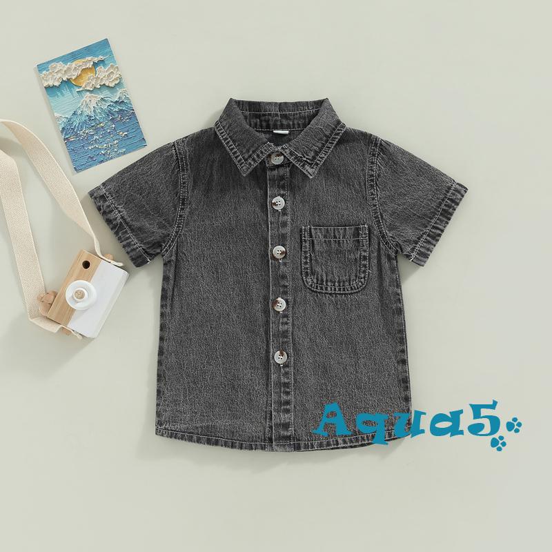 Áo Sơ Mi Denim Ngắn Tay Màu Sắc Đơn Giản Cho Bé Trai