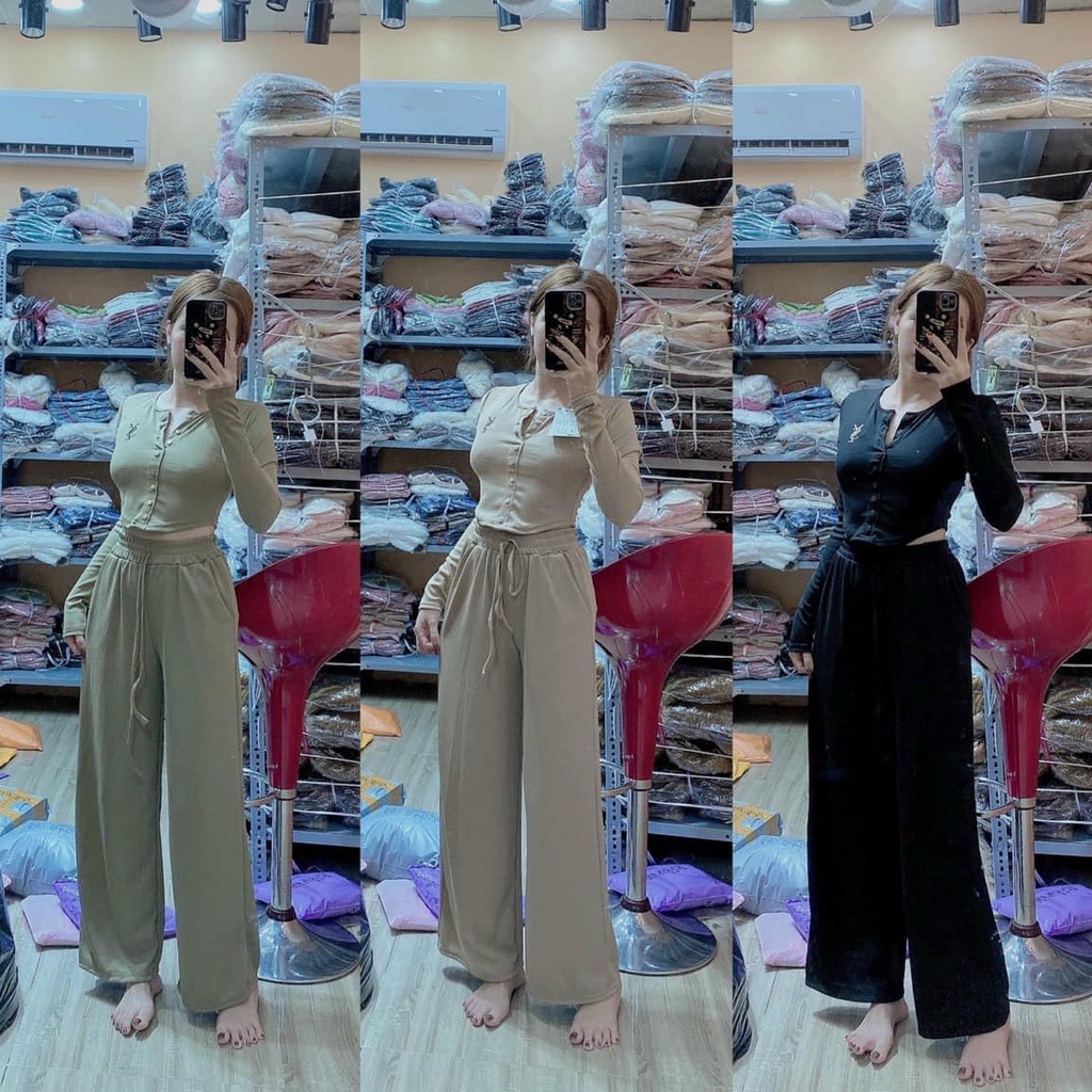 Đồ bộ nữ, set đồ bộ quần ống rộng đai cao có túi và áo ôm tay dài lai bầu có nút THÊU CHỮ vải thun cotton gân borip