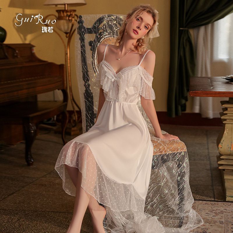 set choàng váy ngủ lụa pha ren dáng dài tiểu thư