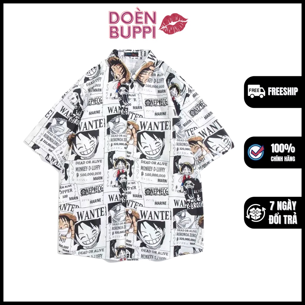 Áo sơ mi ngắn tay unisex nam nữ, cổ đứng, vải lụa lạnh nhập khẩu thoáng mát, hoạ tiết One Piece Luffy - DOÈNBUPPI Shirt