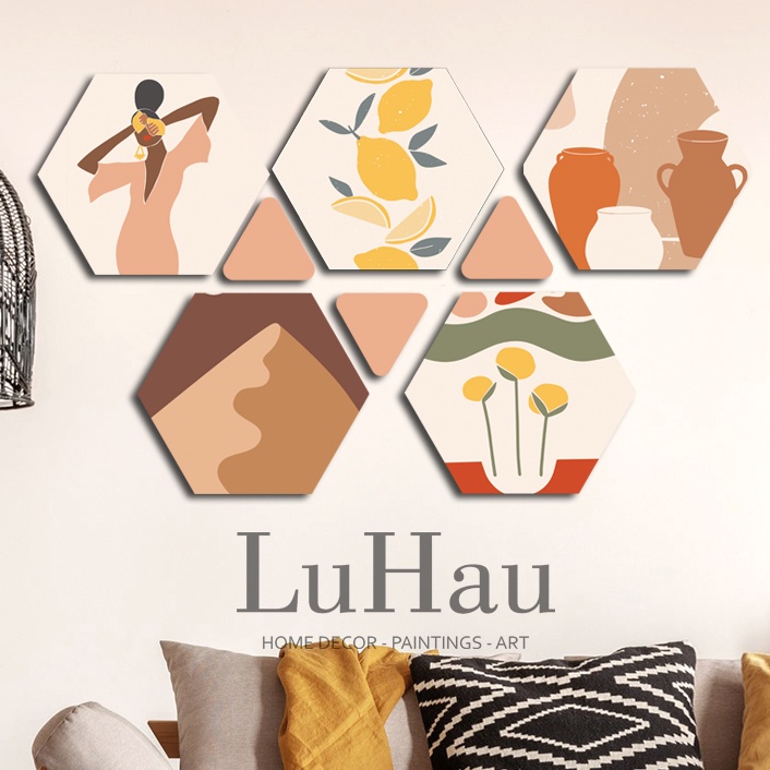 Set tranh lục giác 5 tấm dán tường tiện lợi phong cách boho3 trang trí nội thất
