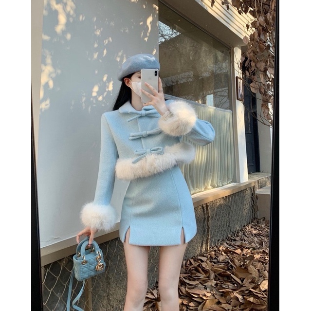 Set dạ tweed áo khoác croptop cổ sen đính nơ phối viền lông có thể tháo rời, kèm chân váy (có ảnh thật)
