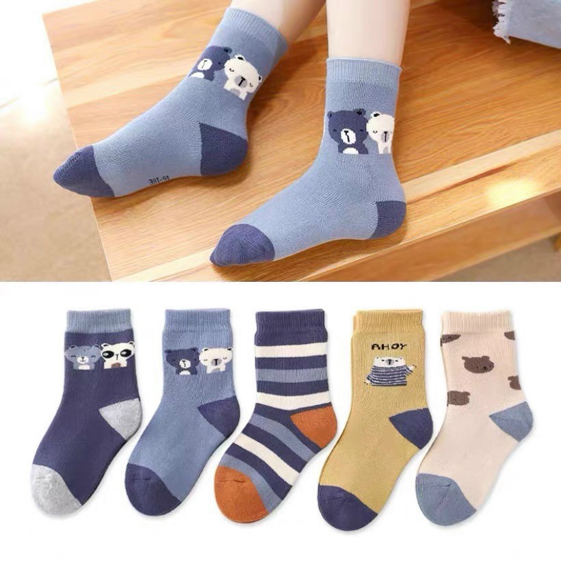 Set 10 Đôi Tất Cổ Cao Trẻ Em Hình Gấu Kẻ Tone Vàng Xanh