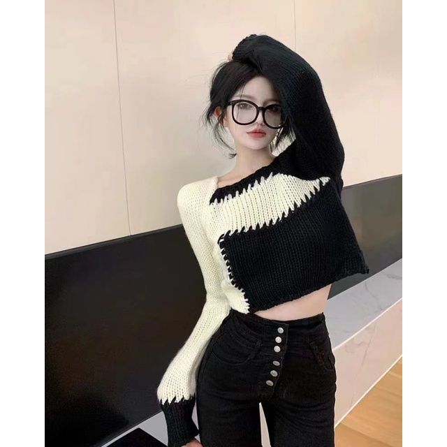 Áo Croptop Cổ Vuông Dáng Ôm Màu Tương Phản Thời Trang Thu Đông Mới