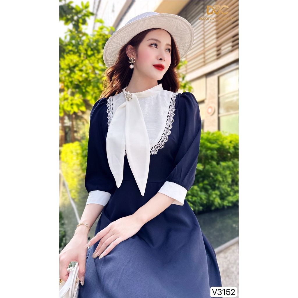 VÁY XANH THAN XÒE CỔ NƠ V3152-DVC