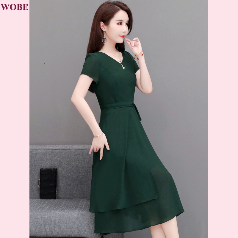 Đầm trung niên WOBE cho mẹ bigsize cao cấp dự tiệc sang trọng thiết kế dáng xoè đẹp HN13  XANH- WB WOMAN & BEAUTY