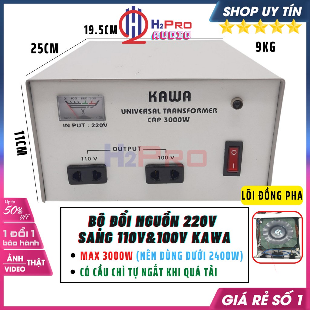 Đổi Nguồn 220V Sang 110V-100V 3000W Kawa, Biến Áp 220V Ra 110V Cao Cấp-Dùng Cho Máy Dưới 2400W-H2Pro Audio