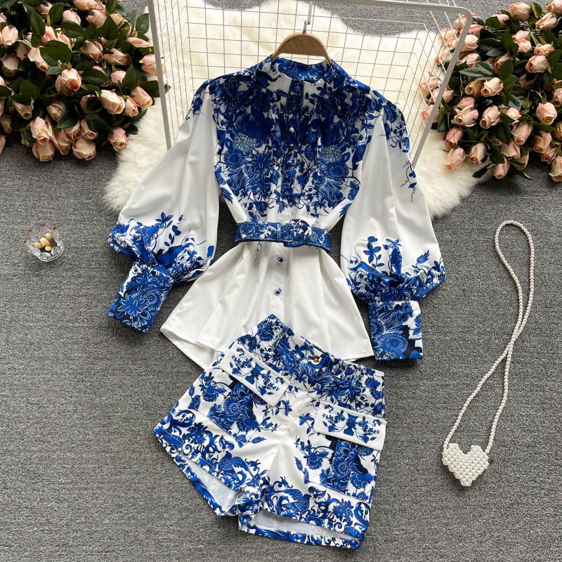 Áo Sơ Mi Họa Tiết Sứ Trắng Xanh Phong Cách Cổ Điển Thời Trang Xuân Hè Cho Nữ