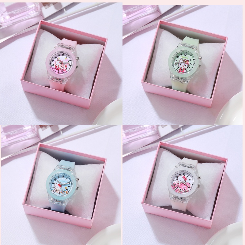 Đồng hồ trẻ em nữ hình mèo Hello Kitty đồng hồ cho bé gái dây đeo silicon màu dạ quang xinh xắn mã ĐH04