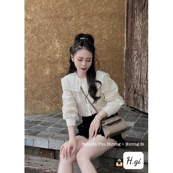 ÁO SƠ MI REN CỔ VUÔNG BE CHẤT ĐẸP MS26881