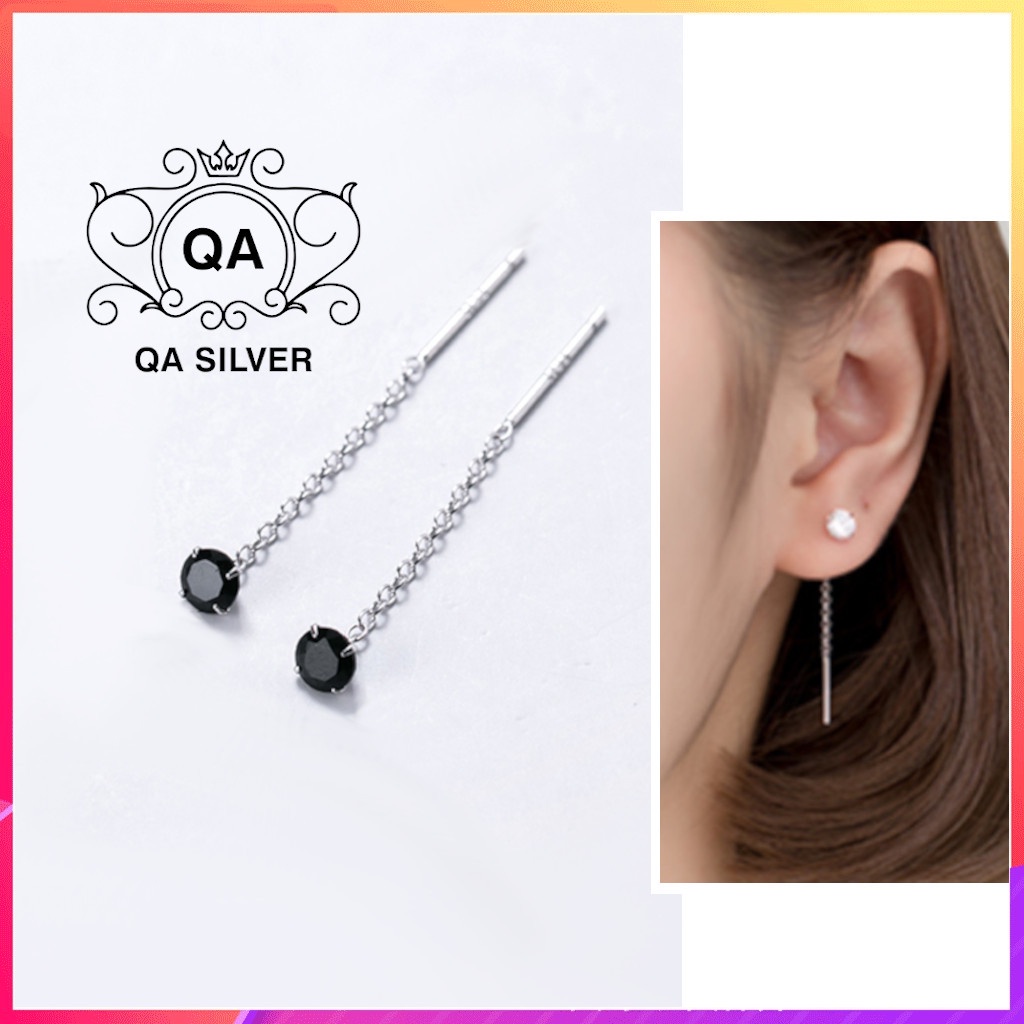 Khuyên tai bạc 925 dáng dài nụ đá 4 chấu bông tua sợi mảnh đen trắng S925 CHAIN Silver Earrings QA SILVER EA200701