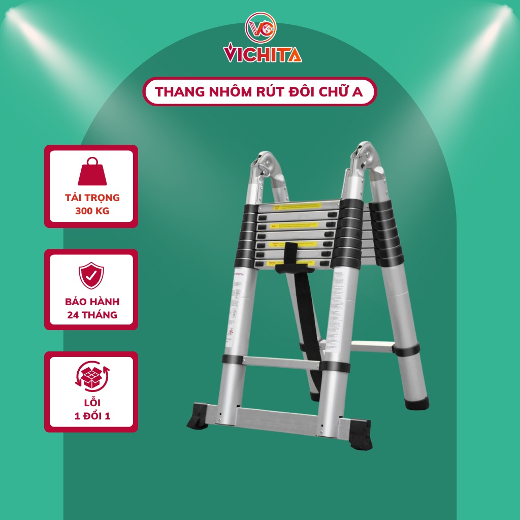 Thang Nhôm Rút Chữ A 3.8M - 4.4M - 5M - 5.6M - 6.4M VICHITA - Bảo Hành 2 Năm - Tặng Thêm Chốt Thang