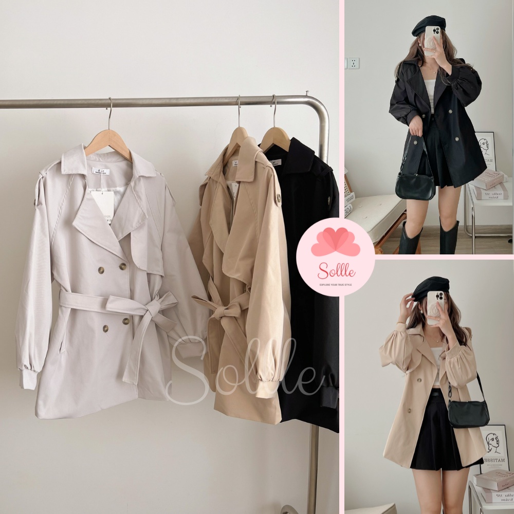 Áo khoác nữ măng tô dáng lửng kèm đai chất kaki dày đẹp 2 lớp trơn nhiều màu Hàn Quốc Sollle
