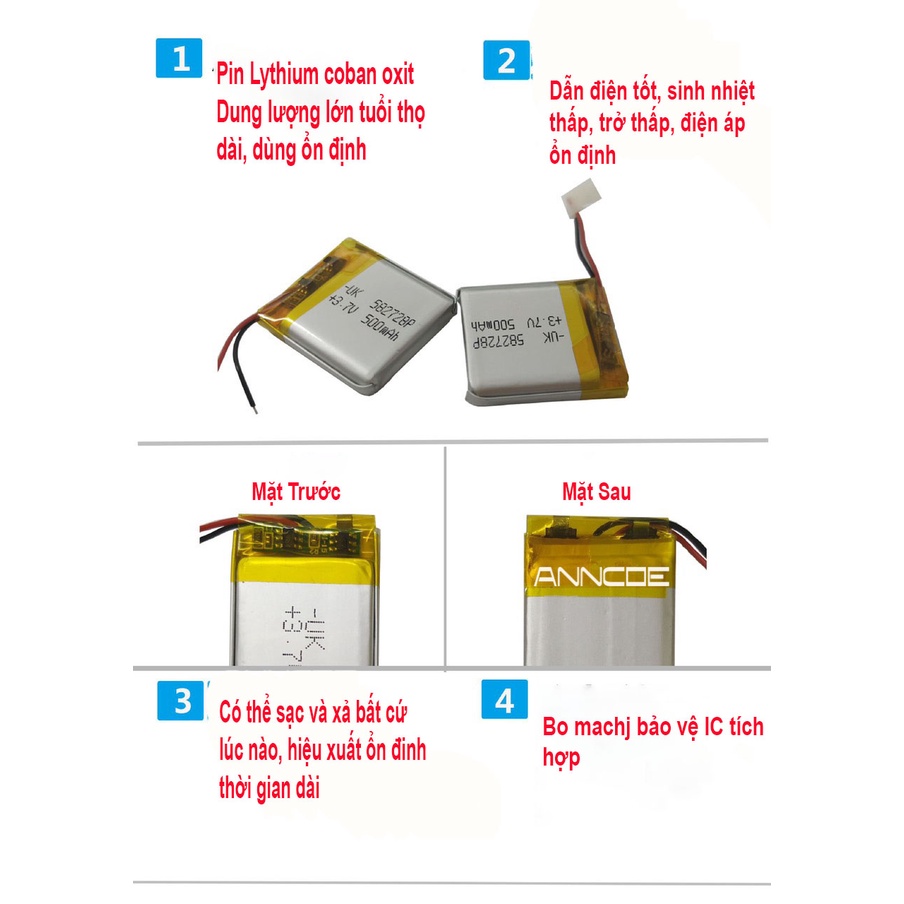 Pin ANNCOE 500 mAh - Zise: 582728 thay thế cho các loại đồng hồ thông minh trên thị trường