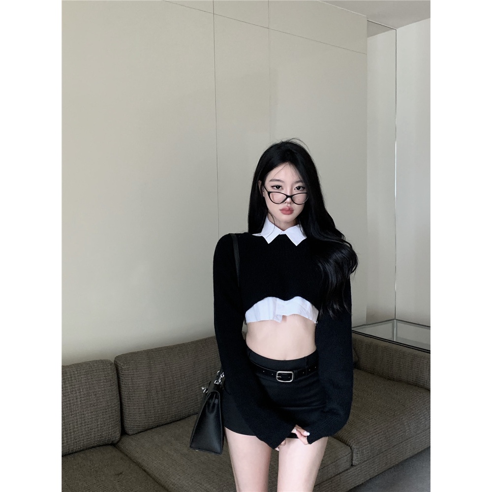 Áo sweater Dệt Kim Ngắn / Áo Sơ Mi Tay Dài / Chân Váy mini Lưng Cao Thời Trang Mới 2022 Cho Bé Gái