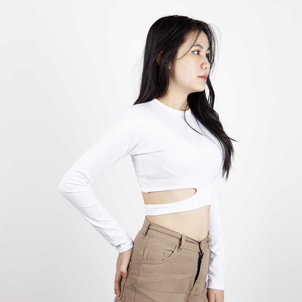 Áo thun croptop nữ tay dài ôm khoét eo vải cotton mềm mịn siêu tôn dáng