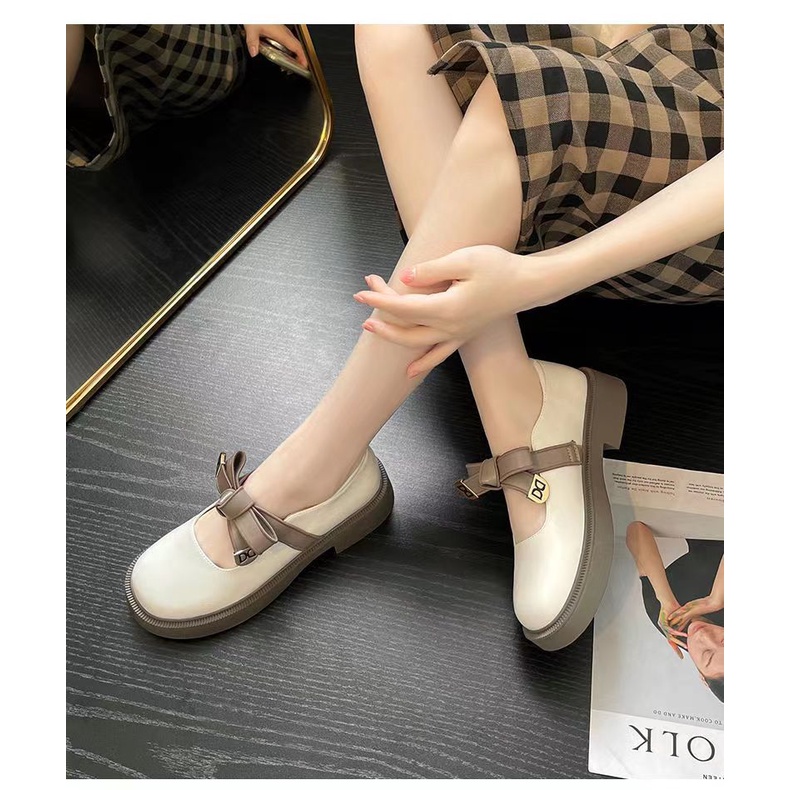 Giày Slip on Da Đế Xuồng Đính Nơ Phong Cách Thời Trang Vintage Dành Cho Nữ giày lolita