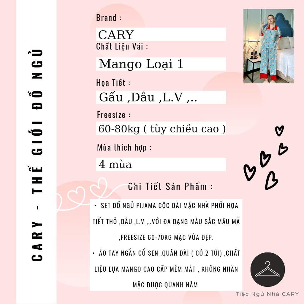 Đồ bộ mặc nhà nữ bigsize pijama lụa tay ngắn quần dài cổ sen chất lụa mango cao cấp CARY