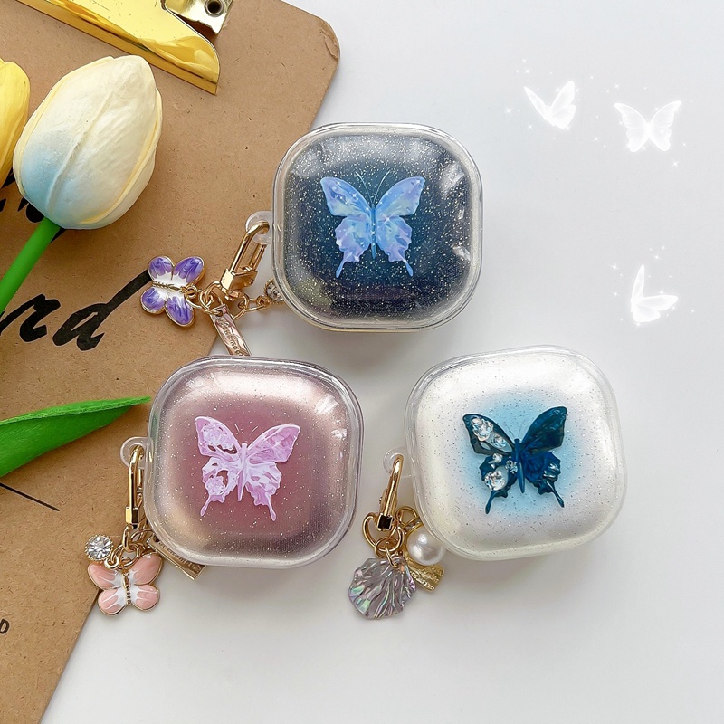 Vỏ bảo vệ hộp sạc tai nghe trong suốt lấp lánh kim tuyến hình bướm cho Samsung Galaxy Buds 2 / Buds Live / Buds FE / Buds2 Pro / Buds Pro
