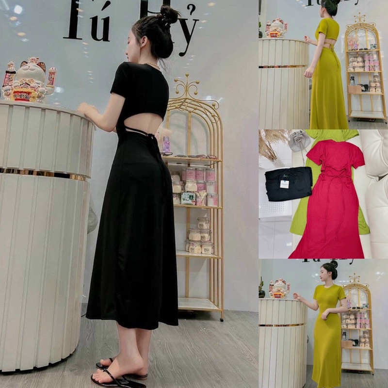 Đầm midi thun lụa bico cut out lưng HÌNH THẬT TRẢI SÀN CẬN CHẤT