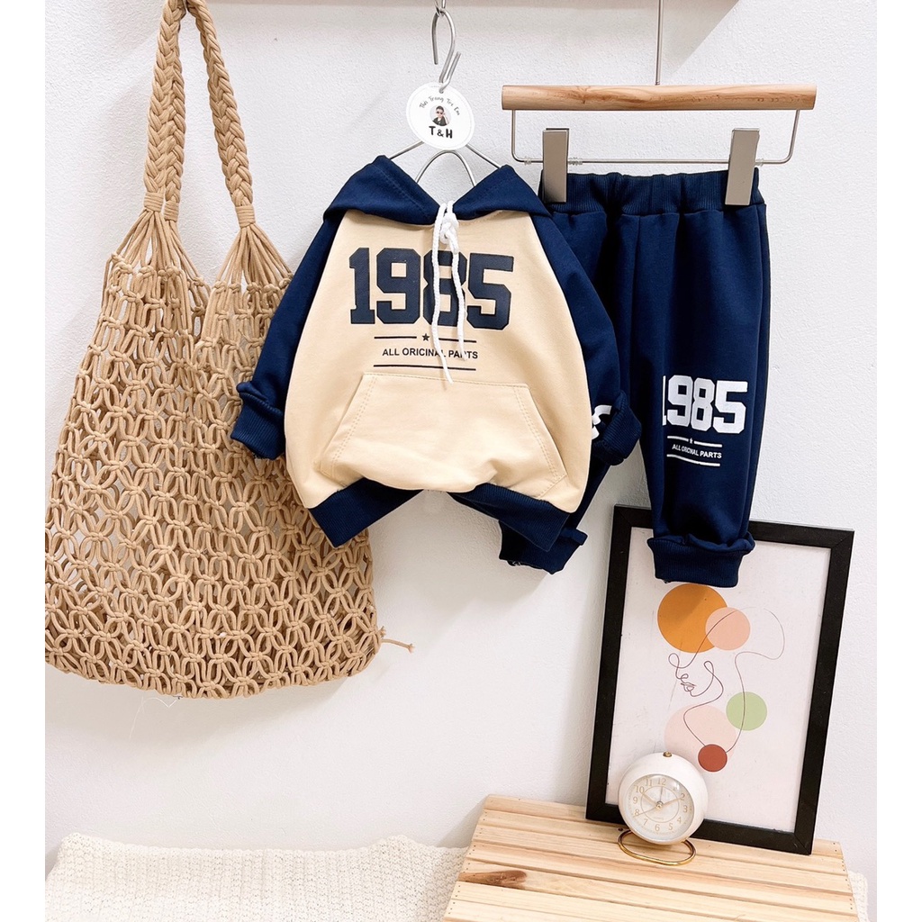 Bộ thu đông bé trai, bộ quần áo Hoodie da cá họa tiết 1985 cho bé